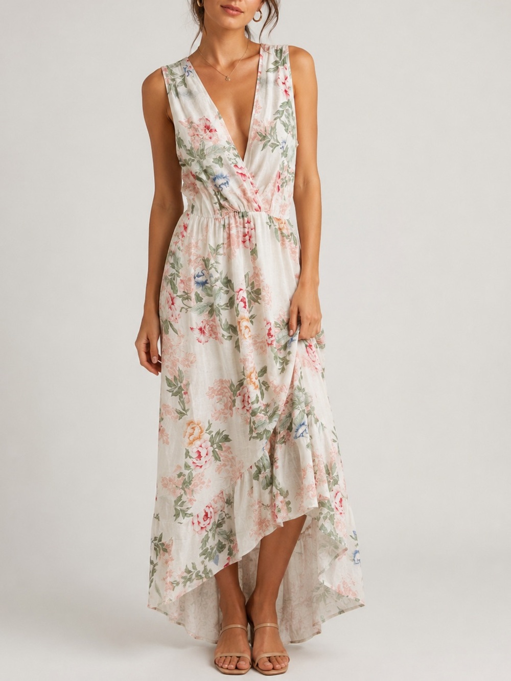 Le Ragazze 100% Linen Floral Midi Dress Size XS Ivory Pink Green Made In Italy